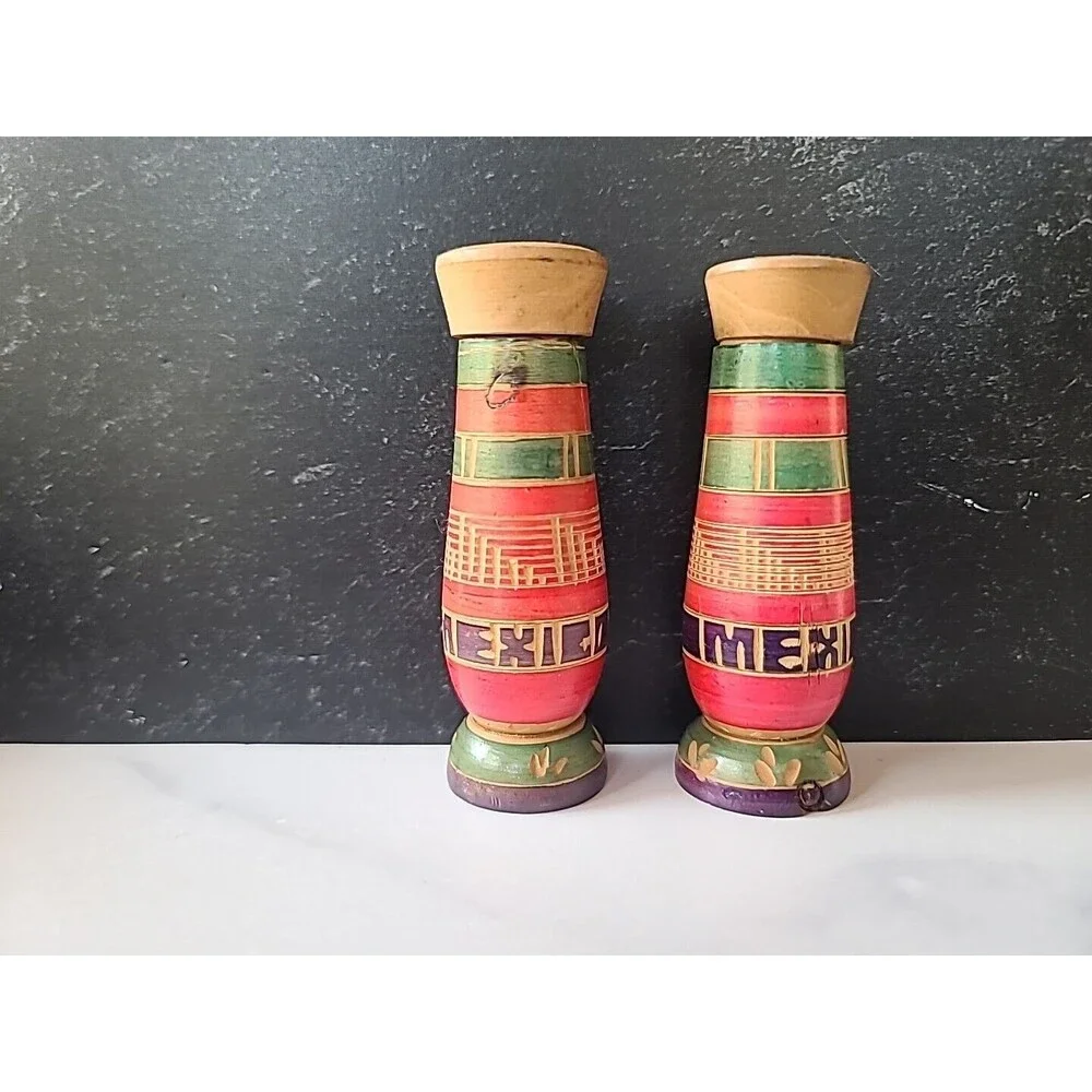 Mexican Hand Carved Wooden Salt And Pepper Shakers Vintage